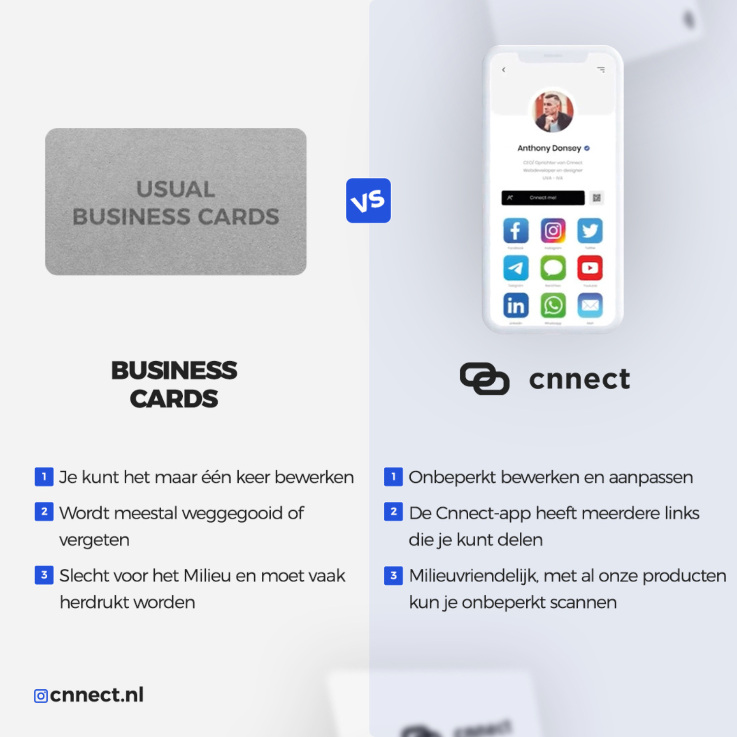 Uitleg hoe Cnnect beter is met netwerken dan ouderwetse business cards.