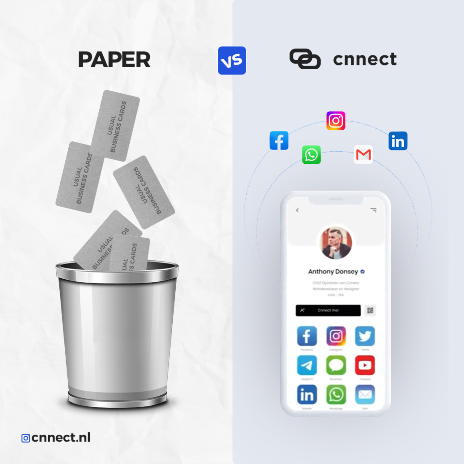 Vergelijking tussen papieren visitekaartjes en een NFC-visitekaart van Cnnect.
