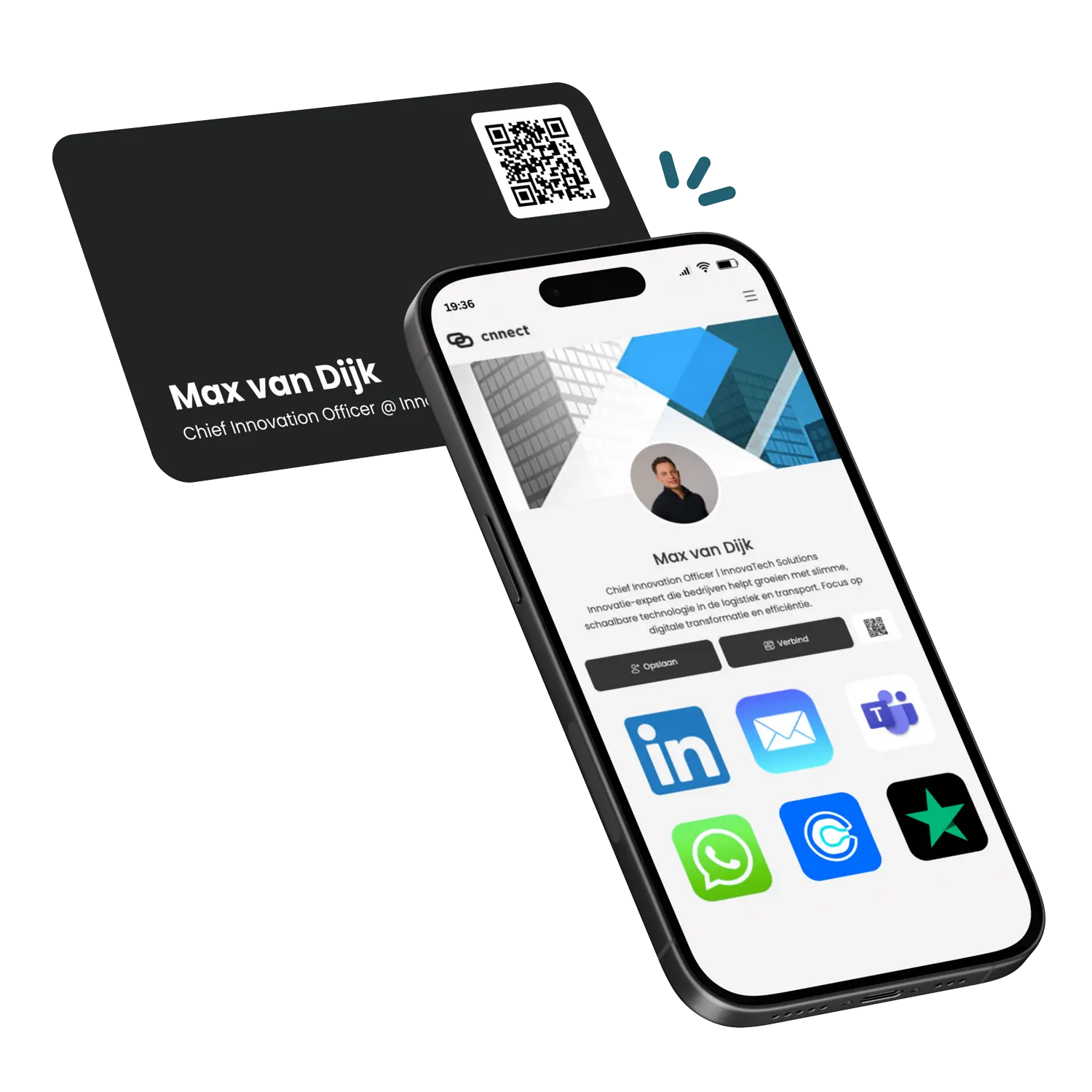 De Cnnect NFC-visitekaart wordt draadloos gescand met een smartphone.